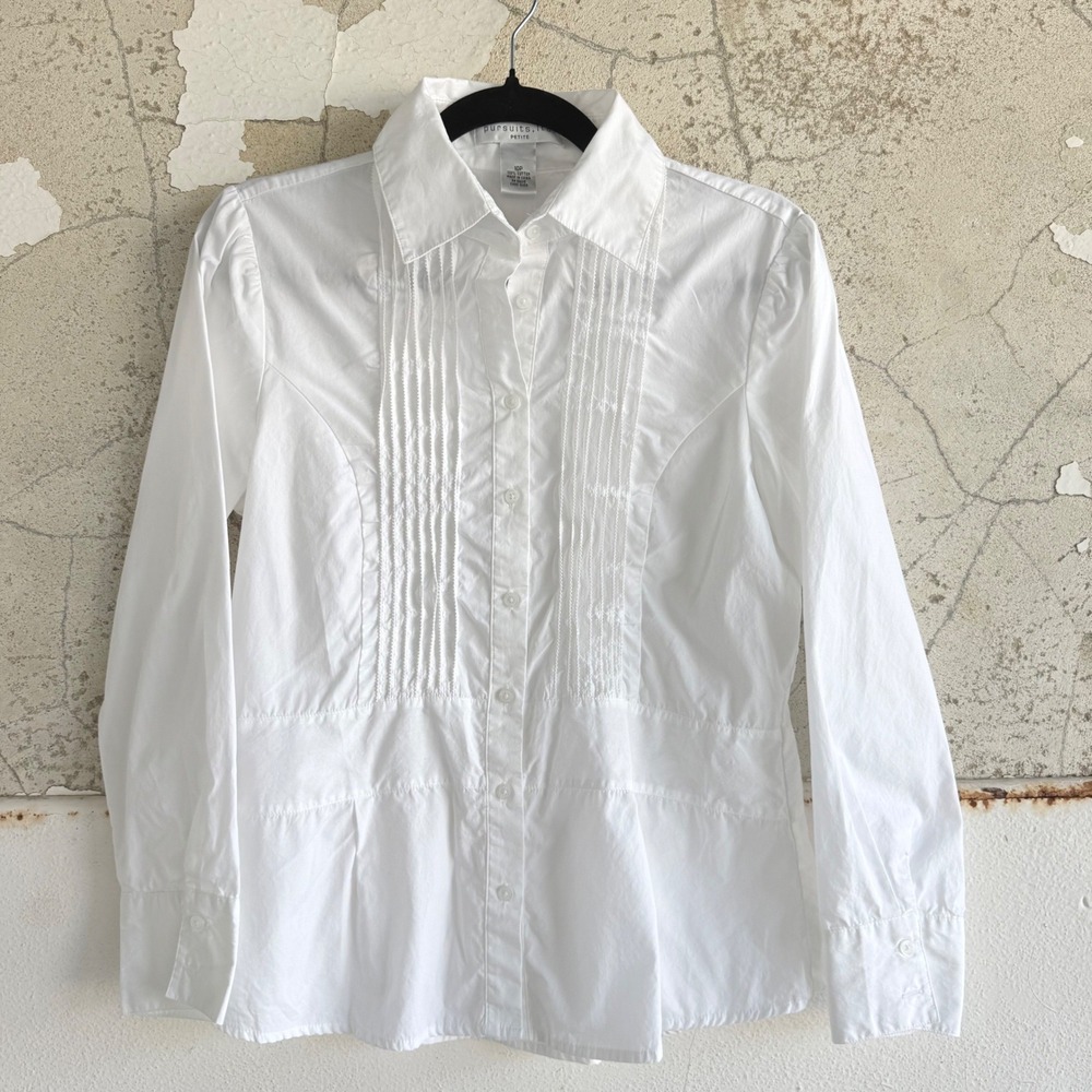 Vintage Shirt Button Down Peplum Cotton Pintuck Blouse Petite 10P Feminine Y2K
